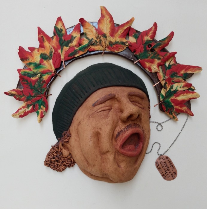 Gas highfire ceramic relief sculpture, halo, ceramic and copper, dog tag, copper and stainless steel ball chain, suitable indoor/outdoor