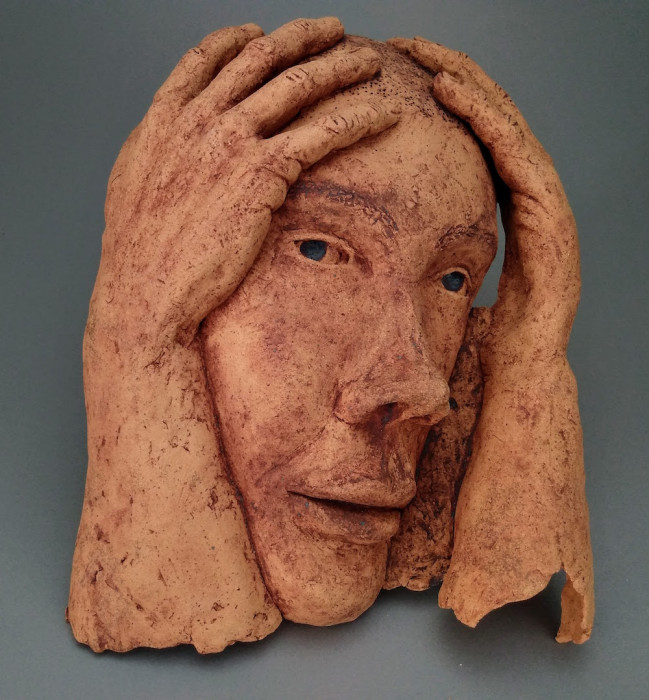 ALFONSO, Healing from, shame, ceramic relief, head and face sculpture, wall hung, indoor, outdoor