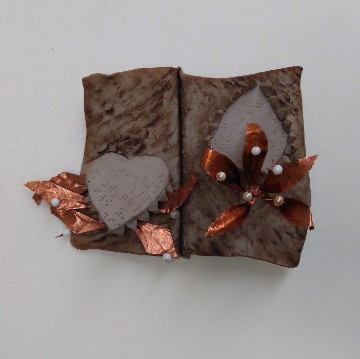Dreamwork, Healing from shame, copper and ceramic relief sculpture, wall hung, indoor, outdoor