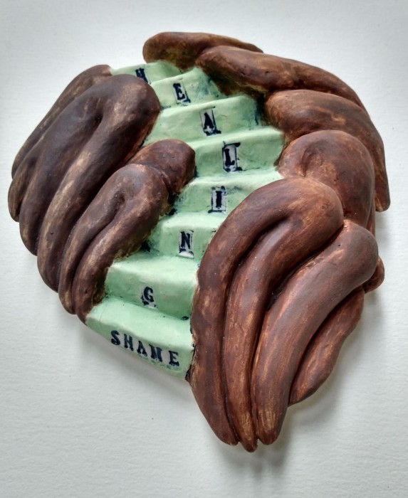 Healing Shame Stairway,  Healing from shame, ceramic relief sculpture, wall hung, indoor, outdoor