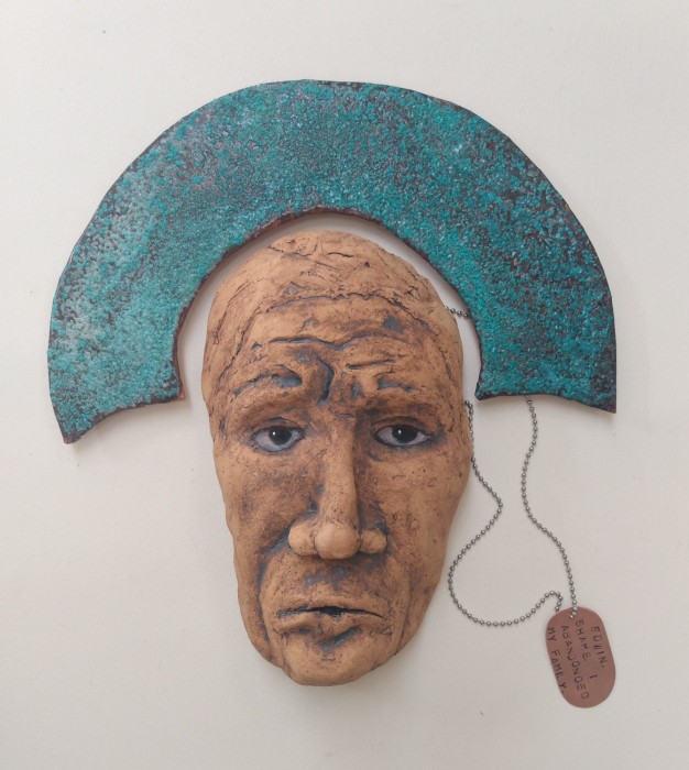 Gas highfire ceramic relief sculpture, halo, ceramic and copper, dog tag, copper and stainless steel ball chain, suitable indoor/outdoor