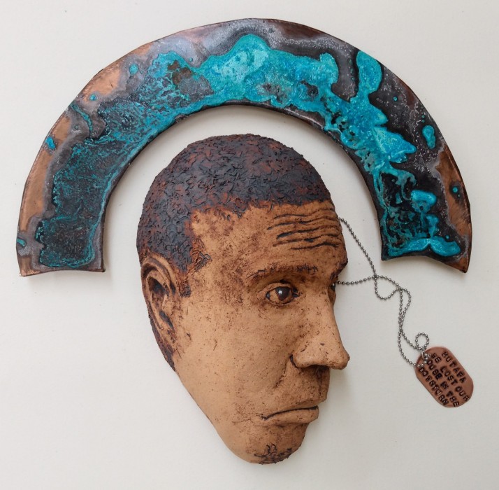 Gas high-fire,ceramic relief sculpture, halo, copper sheet,Copper dog tag hand-stamped, stainless steel ball -chain,  Suitable indoors and outdoors