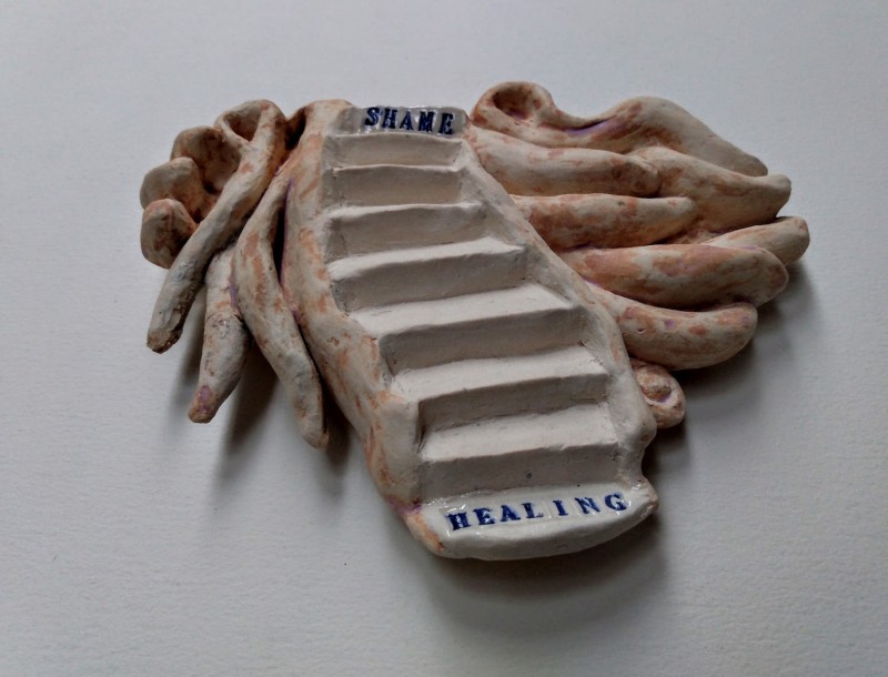 Stairway from Shame to Healing,  Healing from shame, ceramic relief sculpture, wall hung, indoor, outdoor